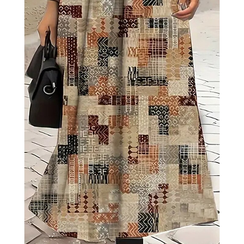 Women's Long Dress Maxi Dress Casual Dress Print Dress Fashion Modern Daily Date Weekend Regular Fit Geometric Long Sleeve V Neck Brown Spring Fall3
