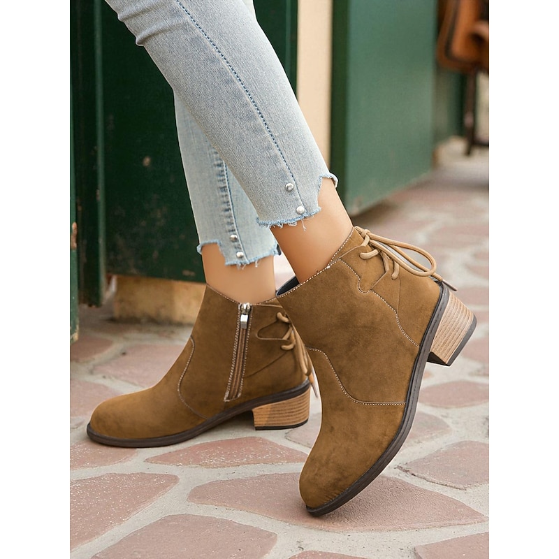 Women's Camel Faux Suede Ankle Boots with Side Zipper and Lace Detail – Comfortable Block Heel Boots for Fall Casual Wear