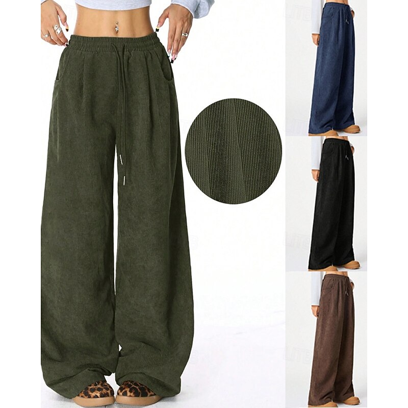Women's Wide Leg Corduroy Pants Slacks Streetwear Casual Full Length Natural Plain Drawstring Comfortable Street Holiday Daily Wear Navy Black Green Coffee Fall Regular Fit