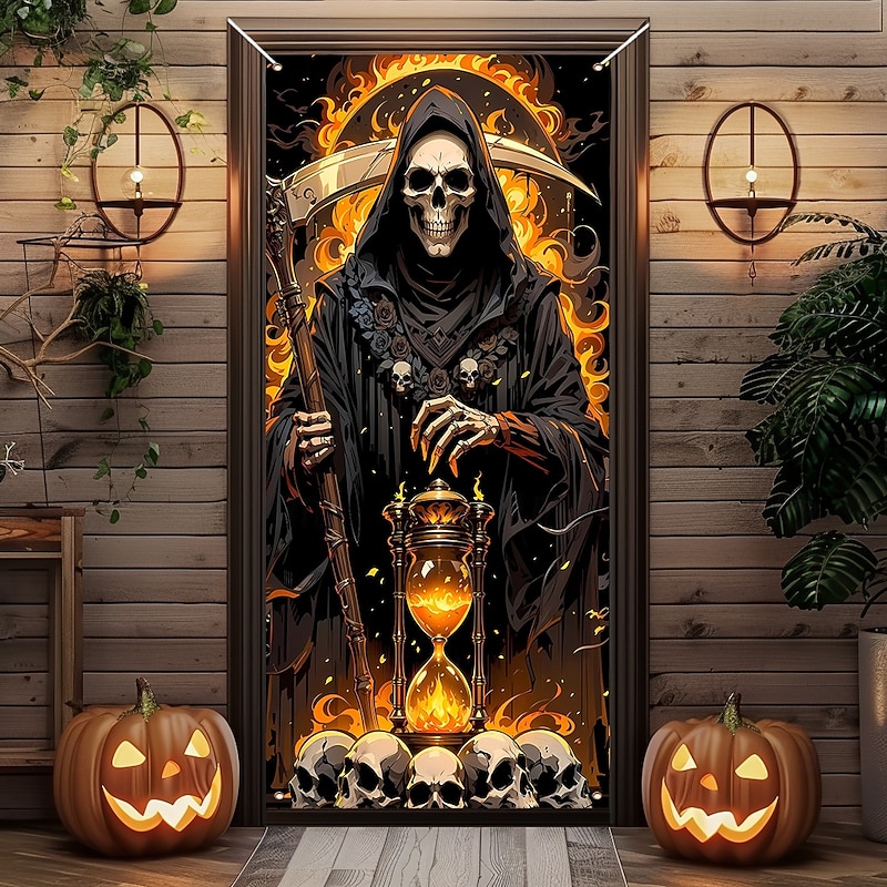 Halloween Tapestry Door Cover Outdoor Banners Skeleton Grim Reaper Psychedelic Dark Punk Gothic Style Party Outdoor Shooting Backgrounds Front Door Wall Porch Home Decor3