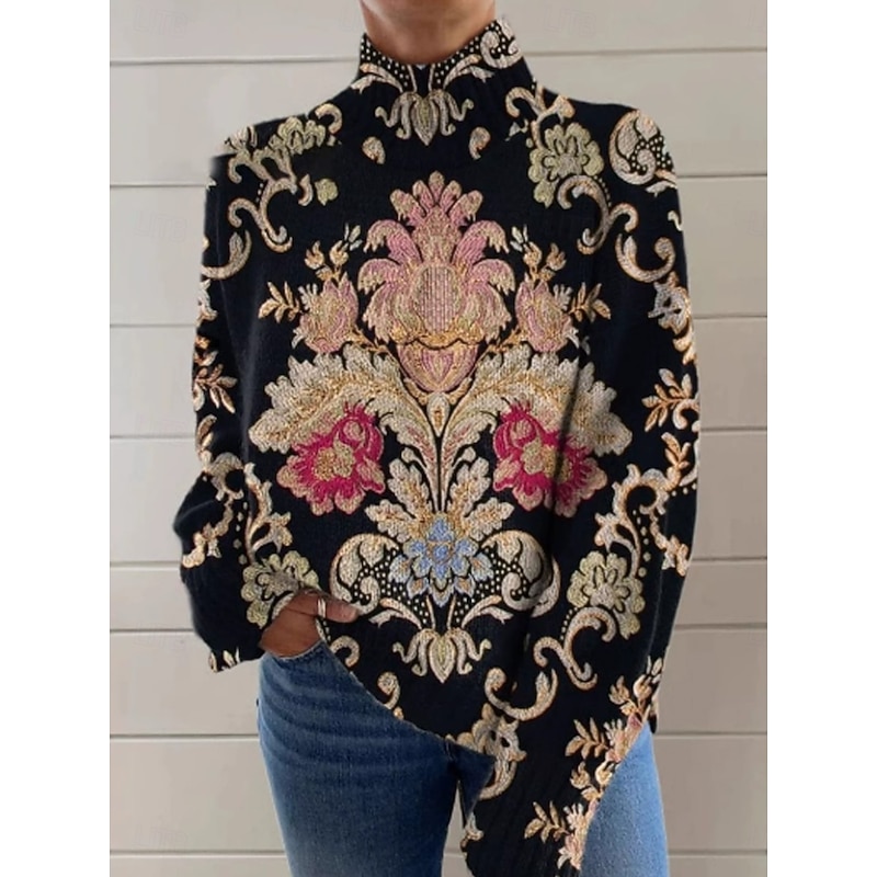 Women's Sweater Elegant Vacation Vintage Paisley Turtleneck Floral Long Sleeve Regular Tops Knit Home Daily Holiday Black Fall Winter