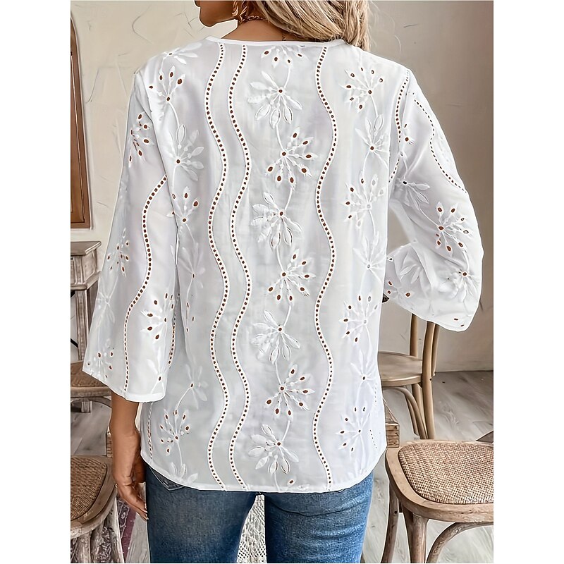 Women's Boho Shirt Dressy Tops Solid Color Floral Casual Boho 3/4 Length Sleeve Elbow Sleeve Bell Sleeve V Neck Long Tops Daily Going out Embroidered White Summer Fall3