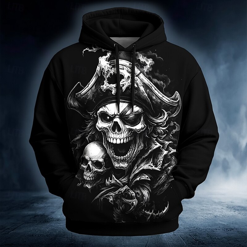 Halloween Men's Skull Pirate Hoodies Sweatshirt Punk Exaggerated Long Sleeve Crew Neck Club Streetwear Lake blue White Drawstring Fall Winter Designer2