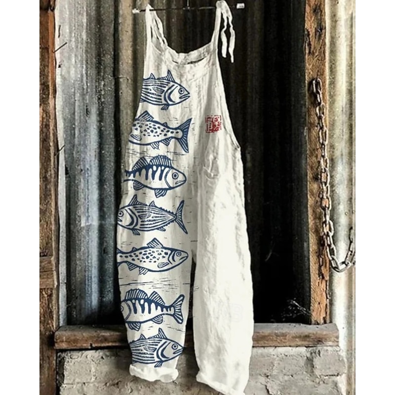 Women's Jumpsuit Vacation Vintage Ethnic Style Full Length Mid Waist Animal Fish Breathability Lightweight Soft Inelastic Causal Casual Daily Black White Navy Blue Orange Summer Spring