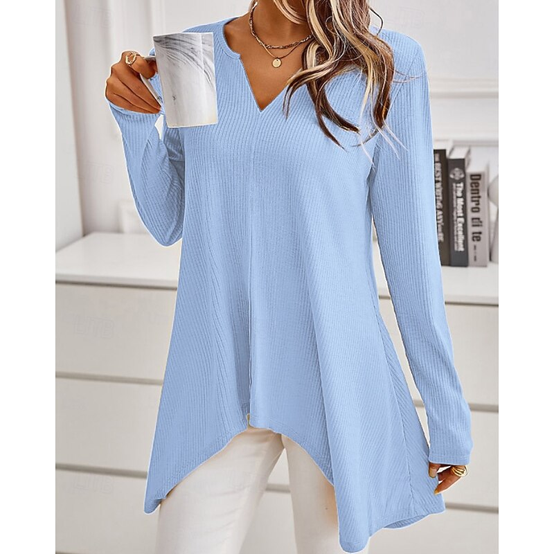 Women's Sweater Casual Solid Color Ribbed V Neck Knitted Asymmetric Hem Long Sleeve Regular Tops Knit Daily Holiday Going out Black White Fall4