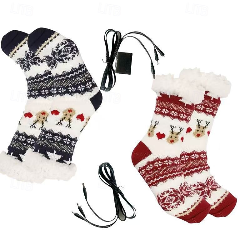 USB Heated Socks, Cross-Border Thick Warm Floor Socks, Indoor Anti-Slip Home Wear, Mid-Calf Electric Warming Socks for Christmas