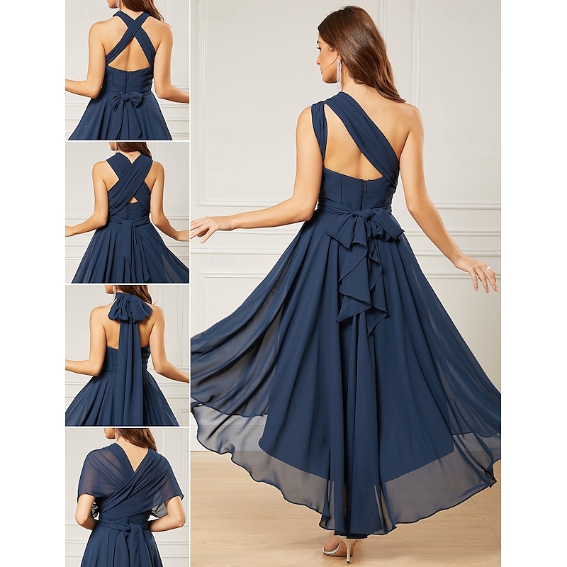 A-Line Wedding Guest Dresses Elegant Dress Formal Wedding Party Tea Length Sleeveless One Shoulder Fall Wedding Guest Chiffon with Ruched3