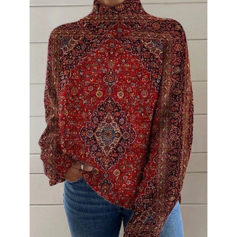 Women's Sweater Casual Soft Geometric Ribbed Turtleneck Knitted Print Long Sleeve Regular Tops Knit Outdoor Daily Weekend White Wine Fall Winter