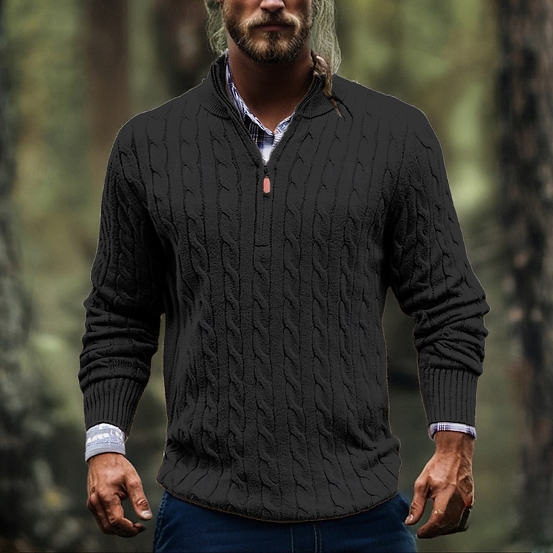 Men's Pullover Sweater Jumper Quarter Zip Sweaters Knit Sweater Ribbed Knit Regular Tops Knitted Plain Stand Collar Fashion Casual Vacation Daily Wear Clothing Apparel Fall Winter Black White M L XL3
