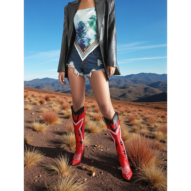Women's Western Cowboy Boots with Embroidered Detailing, Chunky Heels, Perfect for Urban Bohemian Outfits and Festival Styles4