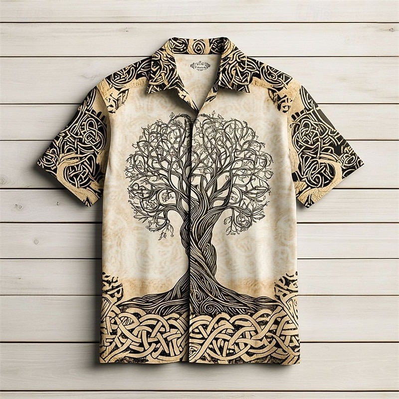 Men's Tree Of Life Shirt Summer Shirt Casual Shirt Short Sleeves Hawaiian Casual Resort Vacation Daily Wear Going out Summer Lapel Print Dark Brown Brown Khaki