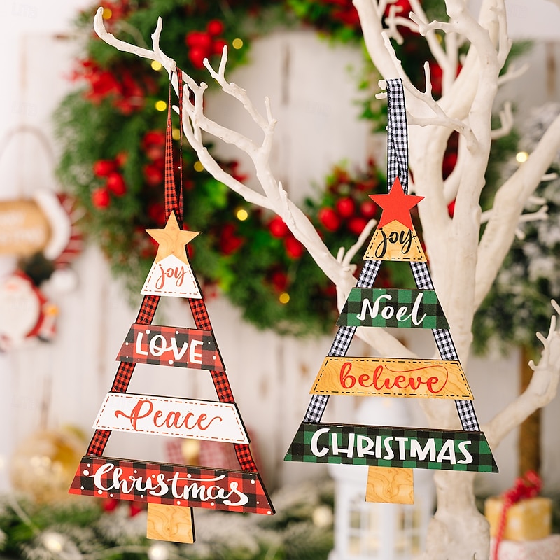 2pcs Christmas Wooden Tree Hanging Ornament, Rustic Wooden Craft Tag for Holiday Party Decoration, Christmas Hanging Decor3