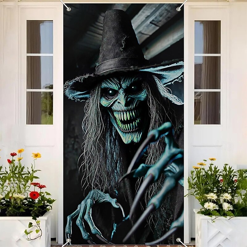 Halloween Tapestry Door Cover Outdoor Banners Witch Psychedelic Dark Punk Gothic Style Party Outdoor Shooting Backgrounds Front Door Wall Porch Home Decor