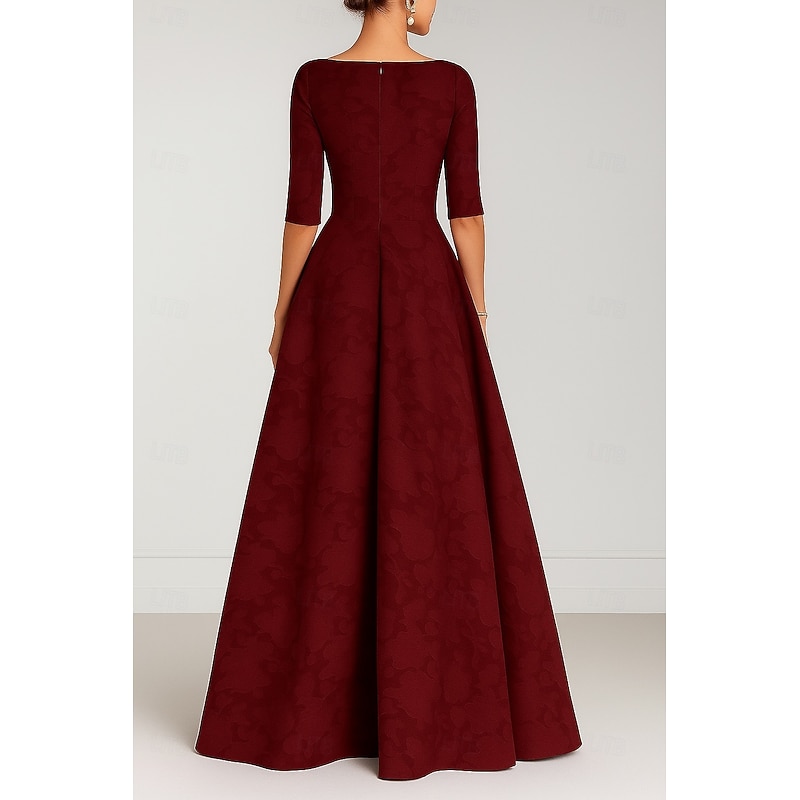 Burgundy Blue A-Line Mother of the Bride Evening Gown Elegant Dress Formal Wedding Floor Length Half Sleeve V Neck Pocket Satin with Bow(s) Strappy2