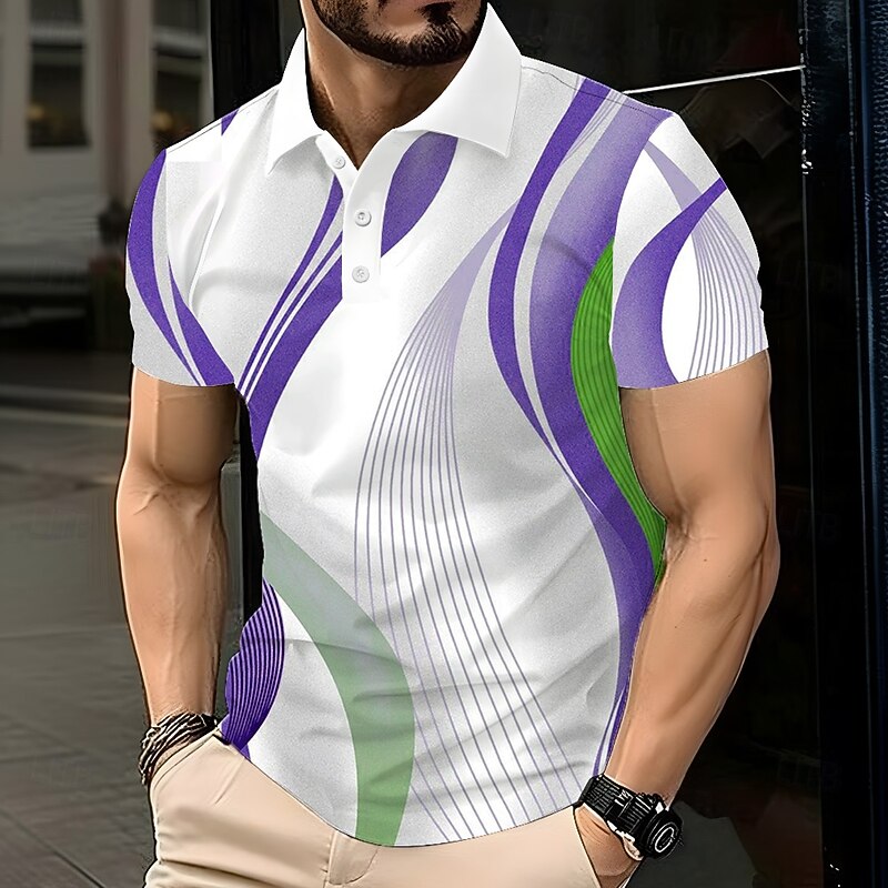 Men's Geometic Line Polo Short Sleeve Polo Shirts Lapel Business Casual Business Athleisure 3D Print Buttons Summer Blue Purple Gold2