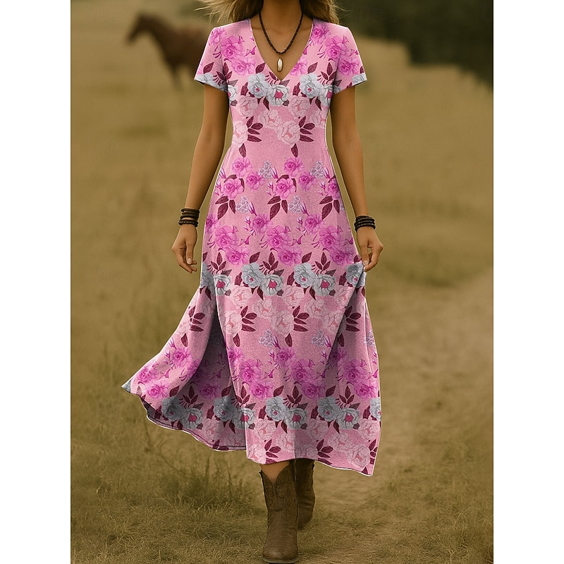 Halloween Women's Midi Dress Casual Dress A Line Dress Summer Dress Elegant Vacation Casual Beach Regular Fit Floral Graphic Short Sleeve V Neck Pink Blue Orange Green Summer Spring3