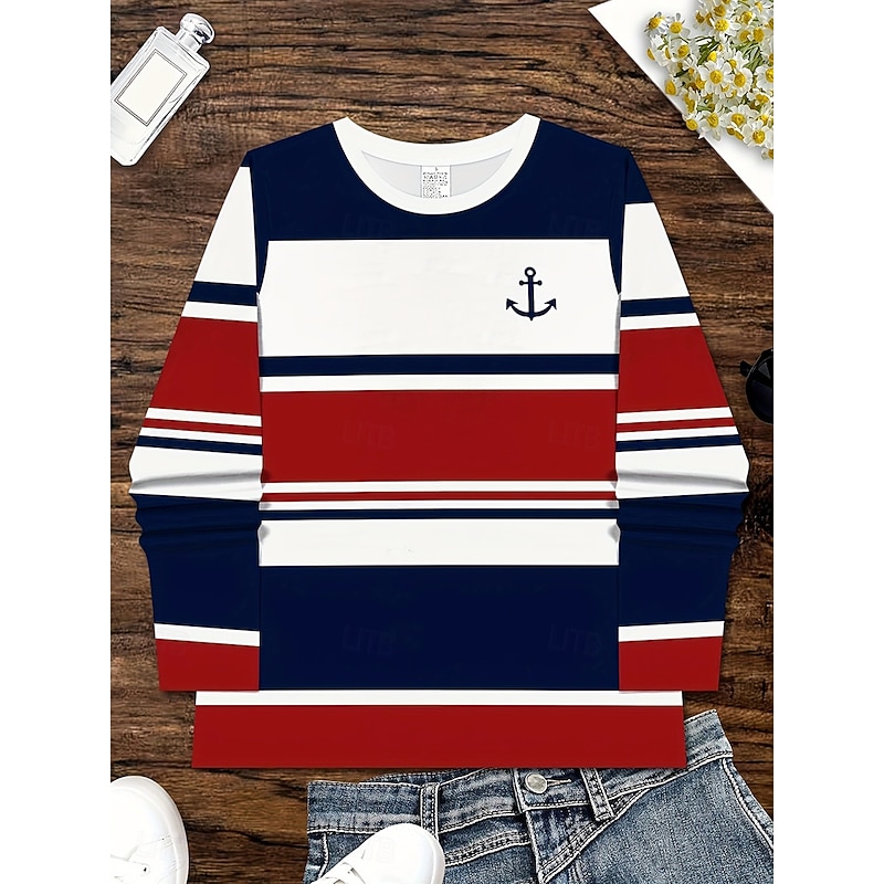Women's T Shirt Graphic Geometric Striped Vintage Stylish Classic Long Sleeve Crew Neck Round Neck Regular Tops Daily Print Navy Blue Spring Fall Winter2