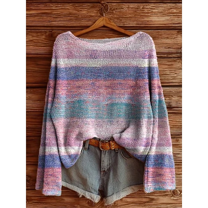 Women's Sweater Casual Soft Striped Stylish Modern Long Sleeve Crew Neck Regular Tops Daily Holiday Print Purple Spring Fall Winter