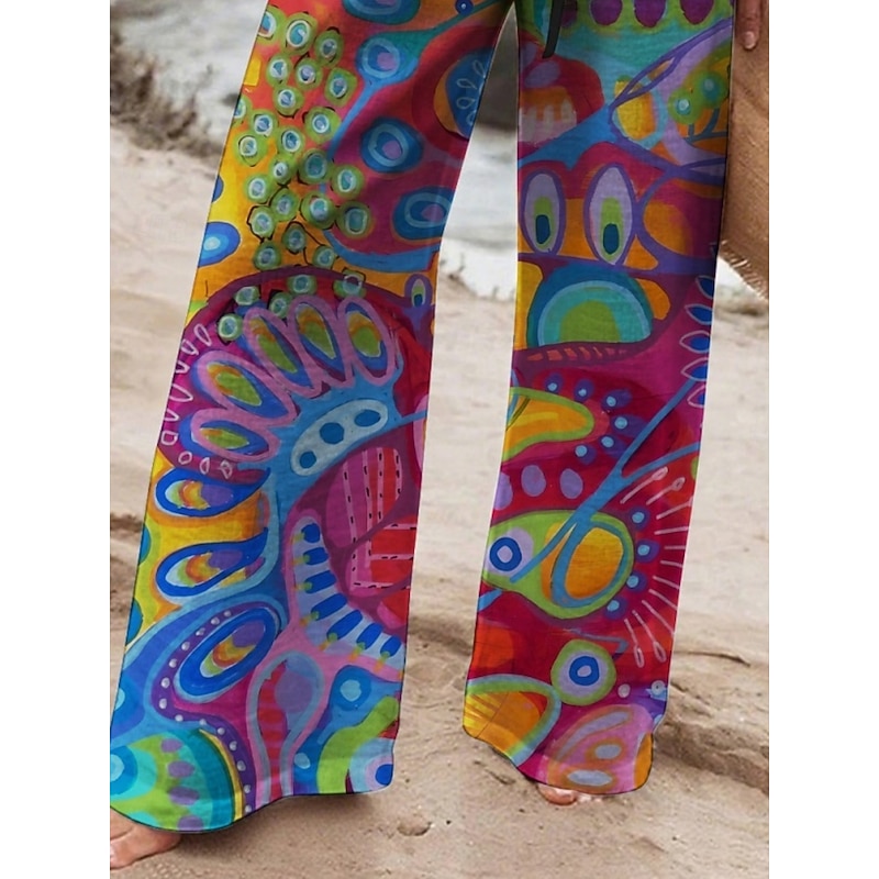 Women's Wide Leg Pants Trousers Vacation Casual Long High Waist Peacock Elastic Waist Printing High Cut Breathability Soft Micro-elastic Vacation Street Daily Wear Rainbow Spring Fall Regular Fit3