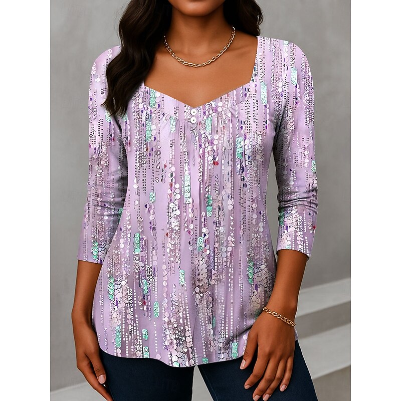 Women's T shirt Long Sleeve Ombre Graphic Vintage Fashion Stylish Long Sleeve V Neck Asymmetric Neck Regular Tops Daily Weekend Vacation Wear Buttons Print Blue Purple Green  Spring Prefall2