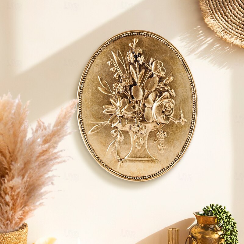 Vintage Gold Oval Embossed Wall Decor– Hand-Painted Resin European-Style Decorative Hanging for Home, Hotel & Photography Props