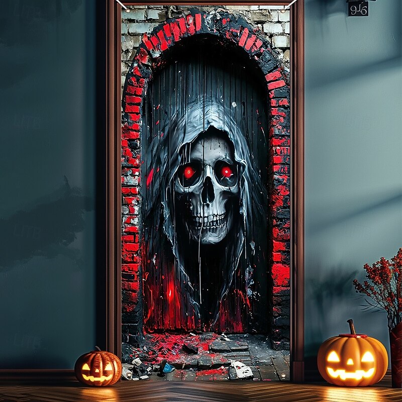 Halloween Door Cover Outdoor Banners Skeleton Grim Reaper Psychedelic Dark Punk Gothic Style Party Outdoor Shooting Backgrounds Front Door Wall Porch Home Decor2