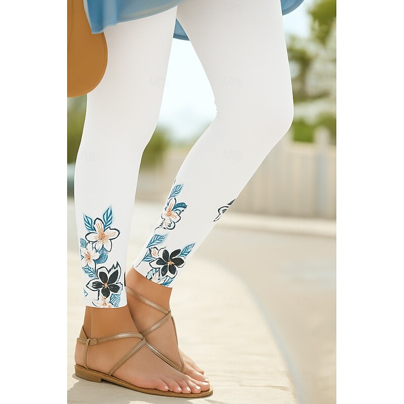 Women's Leggings Vacation Vintage Ethnic Style Ankle-Length High Waist Floral Graphic 3D Print Quick Dry Breathability Soft Stretchy Outdoor Home Causal White Navy Blue Blue Spring Fall Slim Fit2
