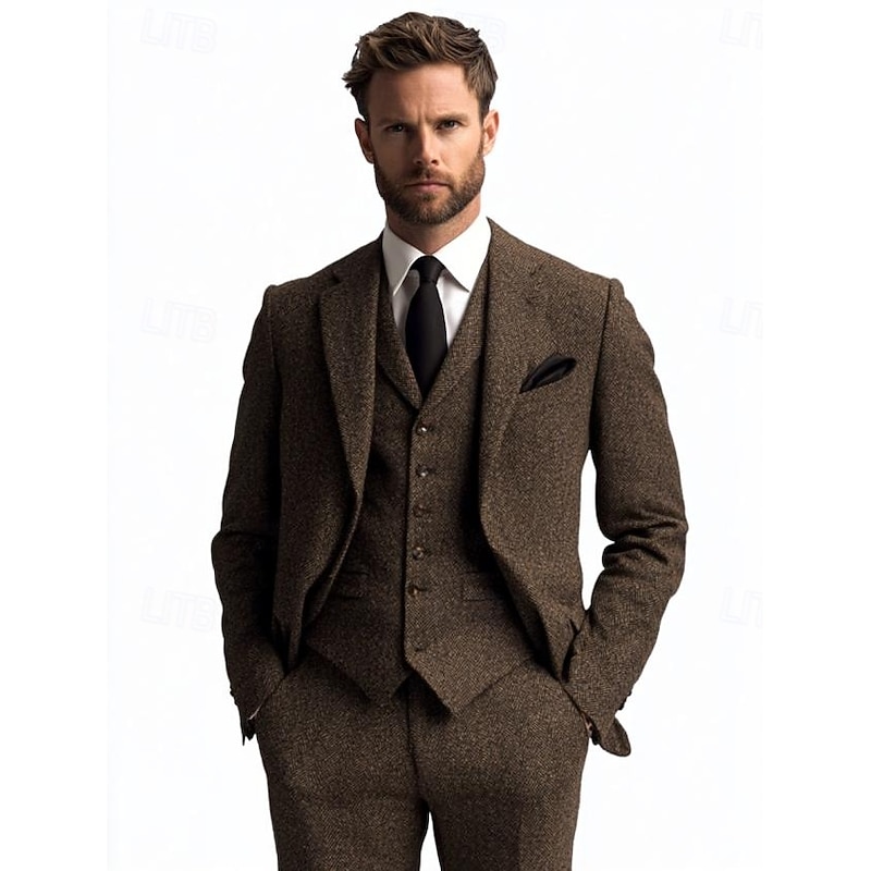 Men's Wedding Business Tweed Suits Notch Lapel Coffee Casual Formal Herringbone Tailored Fit 3 Piece Single Breasted One-button2