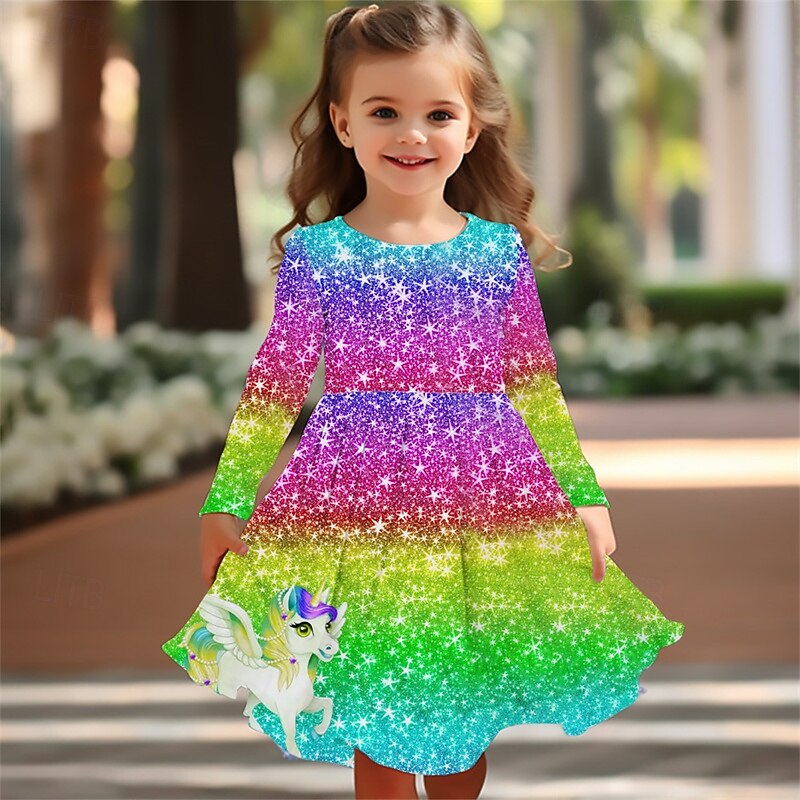 Girls' 3D Rainbow Unicorn Dress Long Sleeve Summer Spring Vacation Daily Holiday Princess Beautiful Sweet Kids 4-12 Years Casual Dress A Line Dress Knee-length Regular Fit4