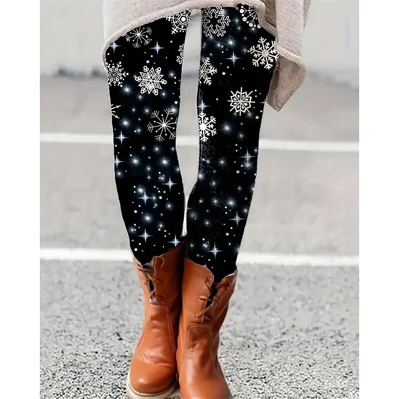 Women's Pants Trousers Leggings Cozy Leggings Streetwear Casual Full Length High Waist Snowflake Elastic Waist Print Breathability Comfortable Stretchy Vacation Street Daily Wear Black Summer Spring