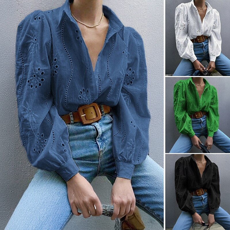 Women's Shirt Blouse Plain Modern Casual Long Sleeve Shirt Collar Regular Tops Daily Holiday Going out Black White Dusty Blue Green Fall