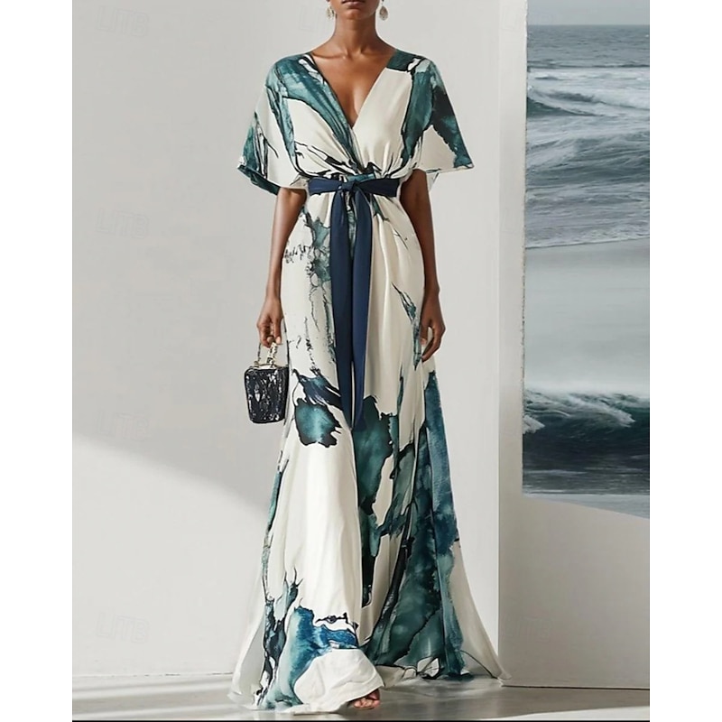 Women's Long Dress Maxi Dress Floral Dress Print Dress Fashion Modern Outdoor Vacation Holiday Regular Fit Flower Short Sleeve V Neck White Summer