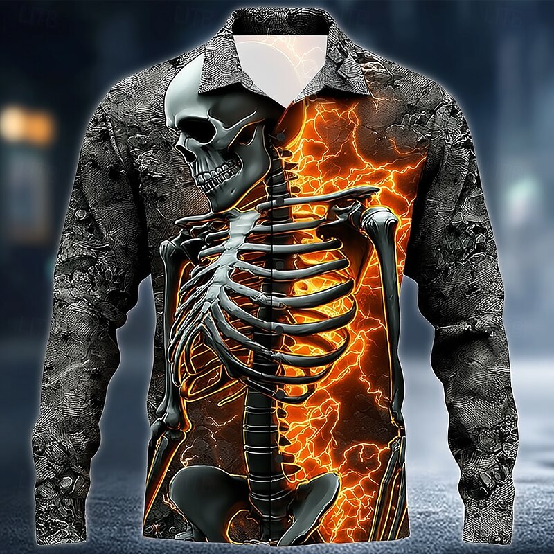 Halloween Men's Skull Lightning Skeleton Shirt Button Up Shirt Long Sleeve Dark Punk Gothic Style Outdoor Holiday Summer Spring Turndown 3D Print Collared Shirts Orange / Gray Dark Gray2