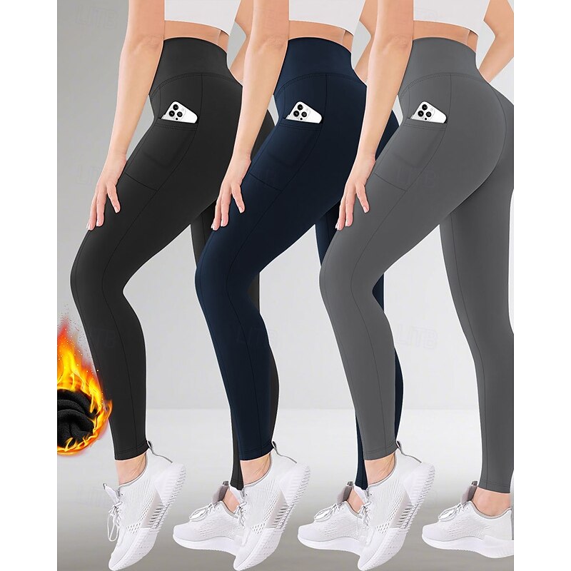 Women's Slacks Leggings Cozy Fleece Lined Streetwear Casual Full Length Natural Plain Elastic Waist Soft Vacation Daily Going out claret Dark-Gray Black Dark Navy Winter Regular Fit