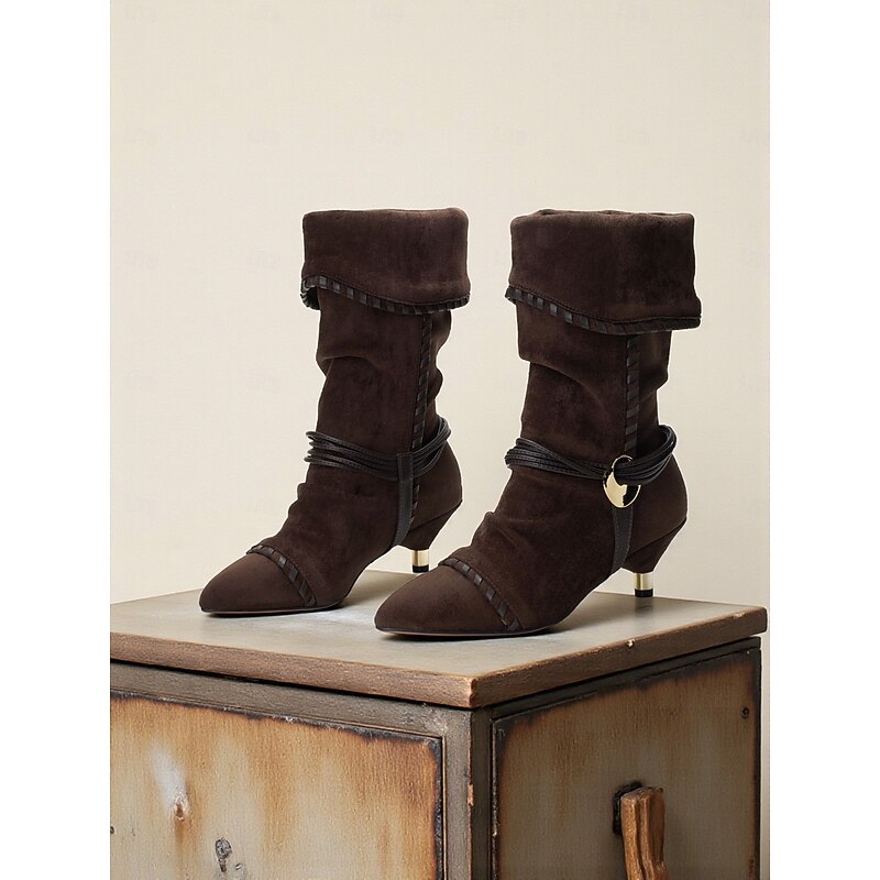 Women's Mocha Brown Suede Mid-Calf Boots with Braided Strap Detail, Fold-Over Design and Kitten Heels, Urban Casual Fashion Footwear for Women's Everyday Streetwear3