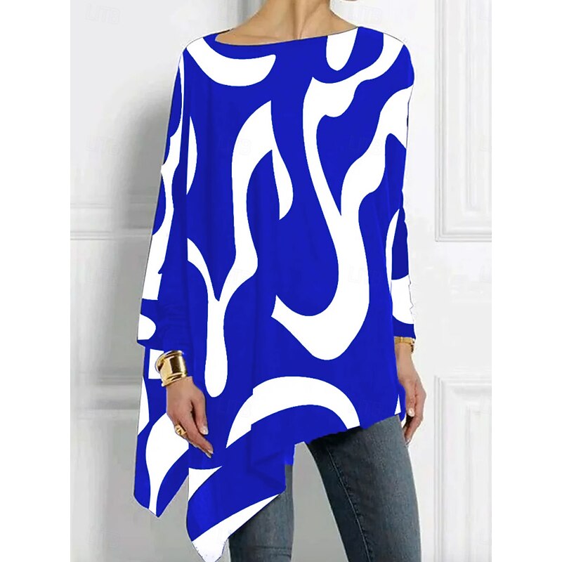 Women's T shirt Long Sleeve Graphic Geometric Abstract Vintage Stylish Classic Long Sleeve Crew Neck Long Tops Daily Print Asymmetrical Black Red Blue Purple Spring Fall Prefall4
