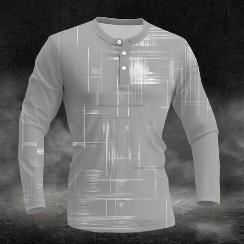 Men's Geometric Pattern Henley Shirt Long Sleeve Fashion Cute Daily Casual Holiday Going out Spring &  Fall Black Dark Blue Pink Green Light Blue Henley Henley T-Shirt