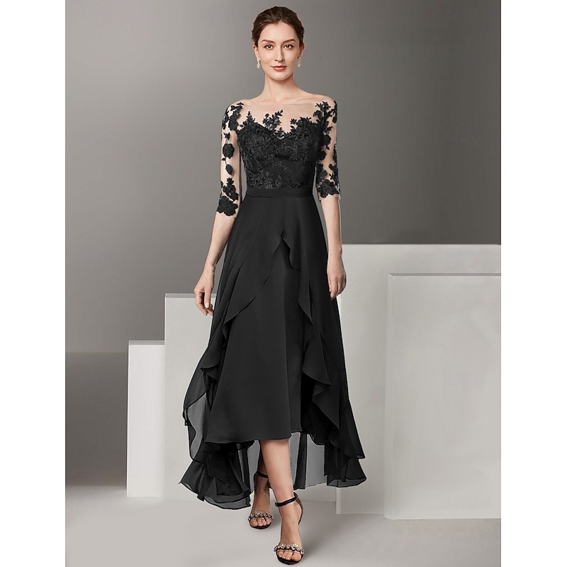 A-Line Mother of the Bride Dress Formal Wedding Guest Elegant High Low Off Shoulder Ankle Length Chiffon Lace Half Sleeve with Pleats Appliques4