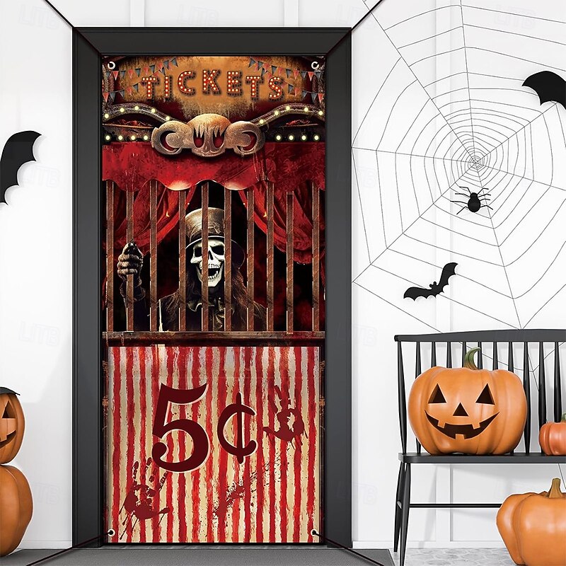 Halloween Door Cover Outdoor Banners Skeleton Circus Psychedelic Dark Punk Gothic Style Party Outdoor Shooting Backgrounds Front Door Wall Porch Home Decor2