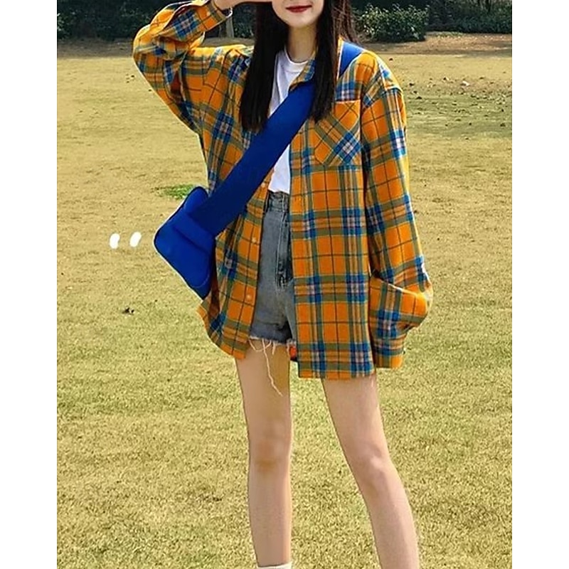 Women's Shirt Blouse Plaid Casual Long Sleeve Shirt Collar Regular Tops Holiday Going out Buttons Yellow Fall2