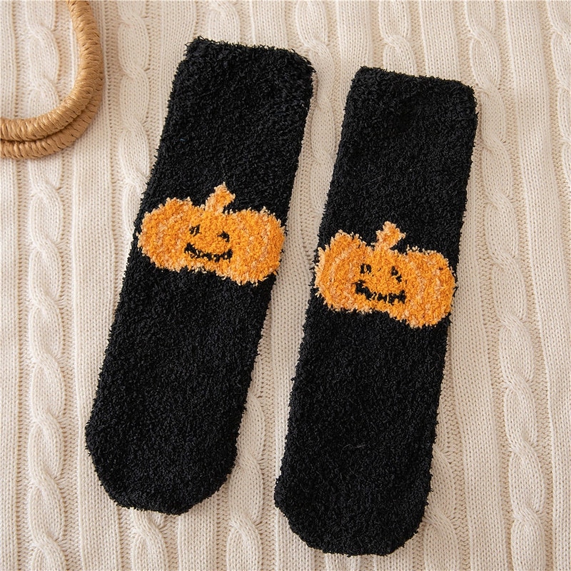 Halloween Series Trendy Wome's Coral Fleece Socks, Autumn Winter Thick Warm Floor Socks, Cozy Sleep and Slouch Socks2