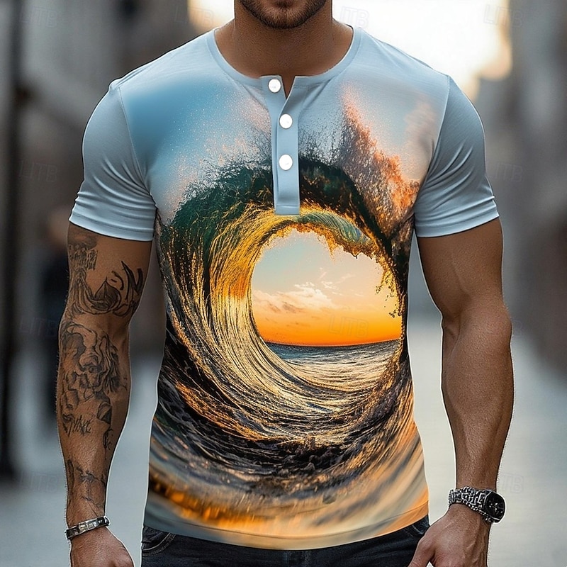 Men's Graphic Nature & Landscapes T Shirt Henley Shirt Short Sleeve Designer Retro Vintage Casual Street Casual Daily Summer Spring Light Blue Henley Henley T-Shirt - Main Image