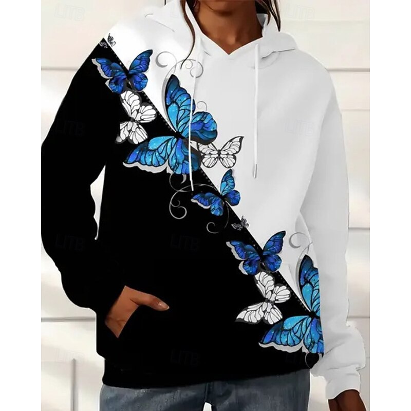 Women's Pullover Hoodie Sweatshirt Floral Butterfly Streetwear Casual Long Sleeve Hooded Regular Tops Holiday Going out Pocket Print Black White Blue Light Blue Fall Winter4