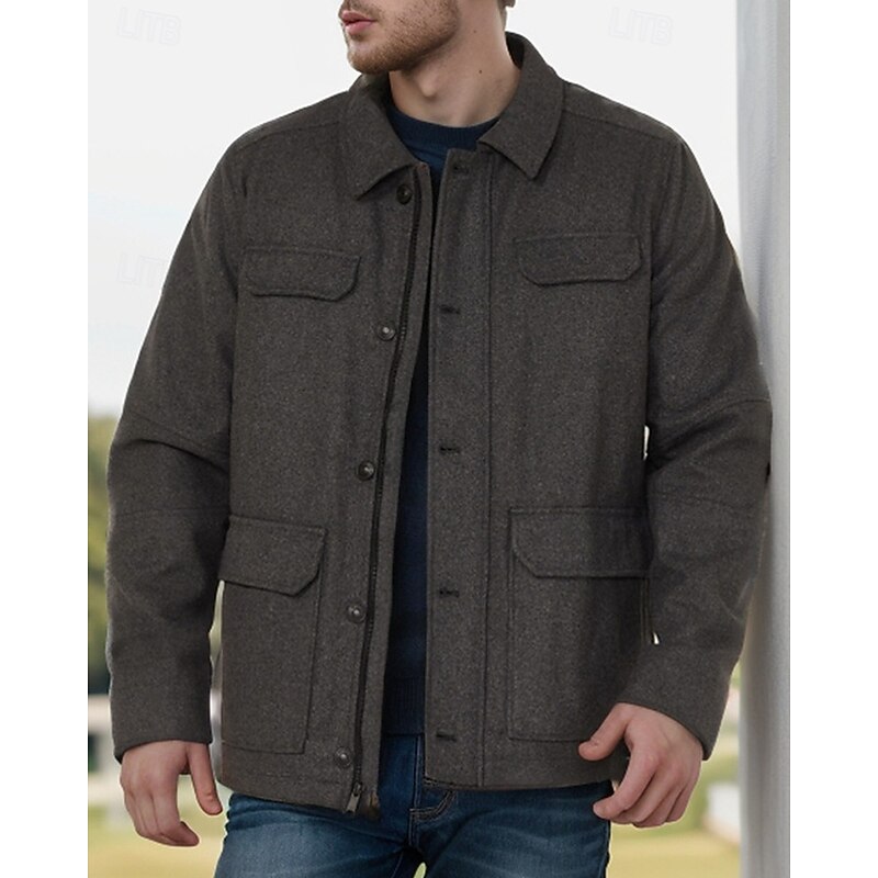 Men's Lightweight Jacket Cargo Jacket Casual Jacket Vacation Daily Warm Pocket Fall Winter Plain Fashion Classic Lapel Regular Black Brown Dark Gray Jacket