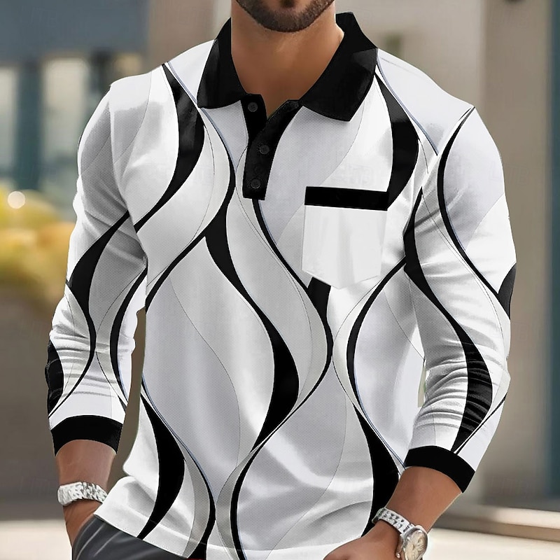 Men's Geometric Line Polo Long Sleeve Polo Shirts Lapel Business Casual Athleisure Daily Wear Pocket 3D Print Buttons Spring Fall White Blue Purple