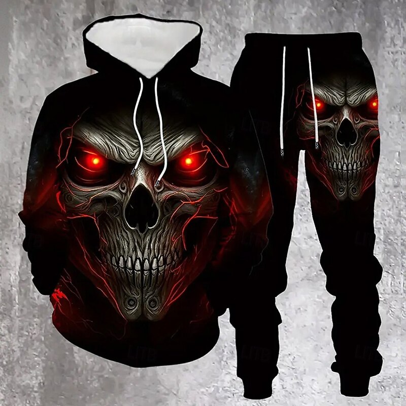 Halloween Men's Skull 2pcs 3D Sweatshirt Sets Tracksuit Hoodie Sweatshirt Long Sleeve Long pants Hooded Casual Daily Street Athleisure 3D Print Hooded Spring Fall Winter Black