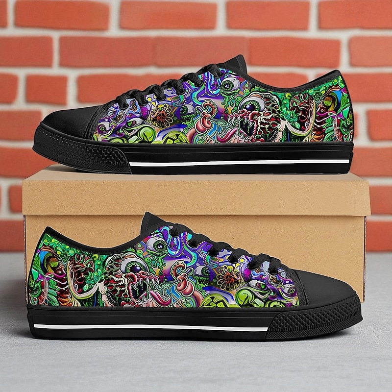 Men's Low Top Canvas Sneakers – Colorful Abstract Graffiti Print, Lace-Up Casual Skate Shoes, Stylish Streetwear & Everyday Footwear