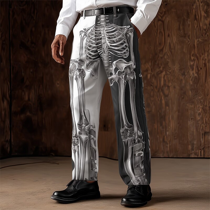 Halloween Men's Skeleton Halloween Costumes Dress Pants Trousers Suit Pants Mid Waist Dark Punk Gothic Style Outdoor Holiday Straight Leg Pants with Pockets Spring Fall 3D Print Black And White Black2