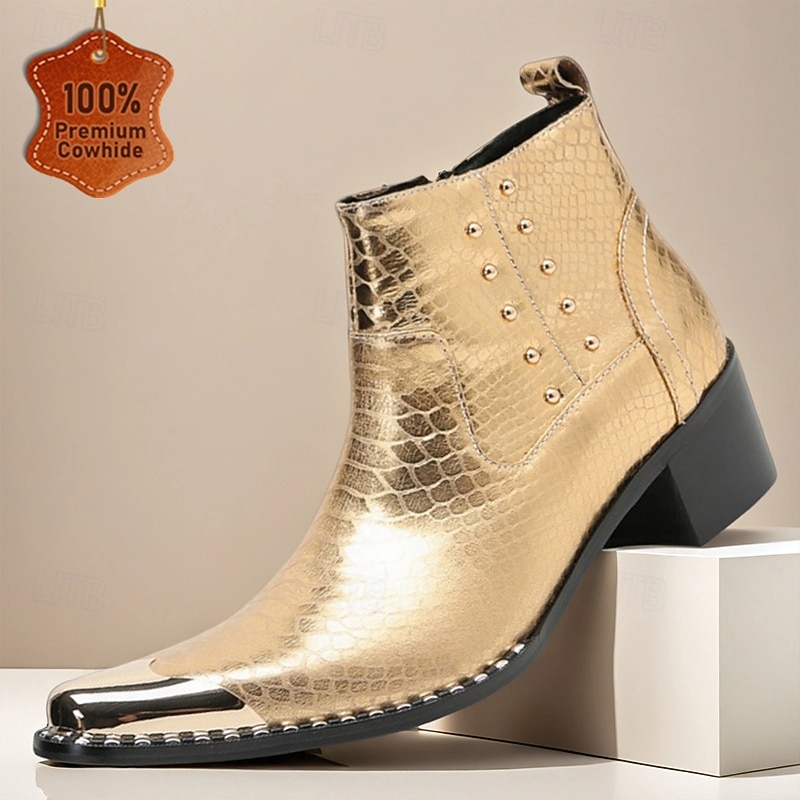 Men's Gold Crocodile Print Ankle Boots – Luxury Metallic Cowhide Zip-Up Boots with Stud Accents for Performances, Galas and Nightlife Wear