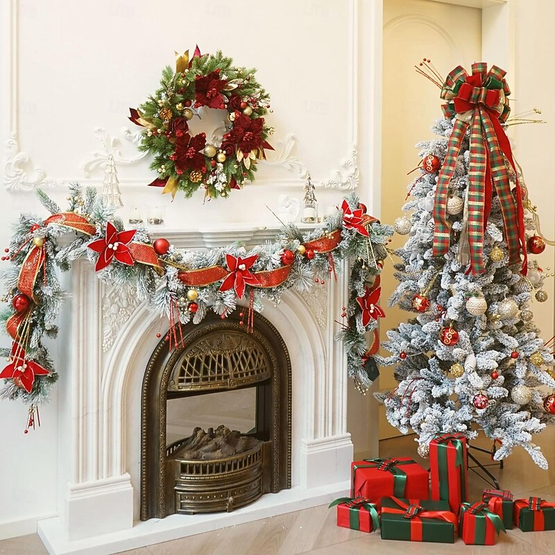 Christmas Large Red Floral Wreath Pinecone Garland Door Hanging Festive Holiday Decoration Perfect Classic Christmas Home Ornament Seasonal Celebration Accessory2